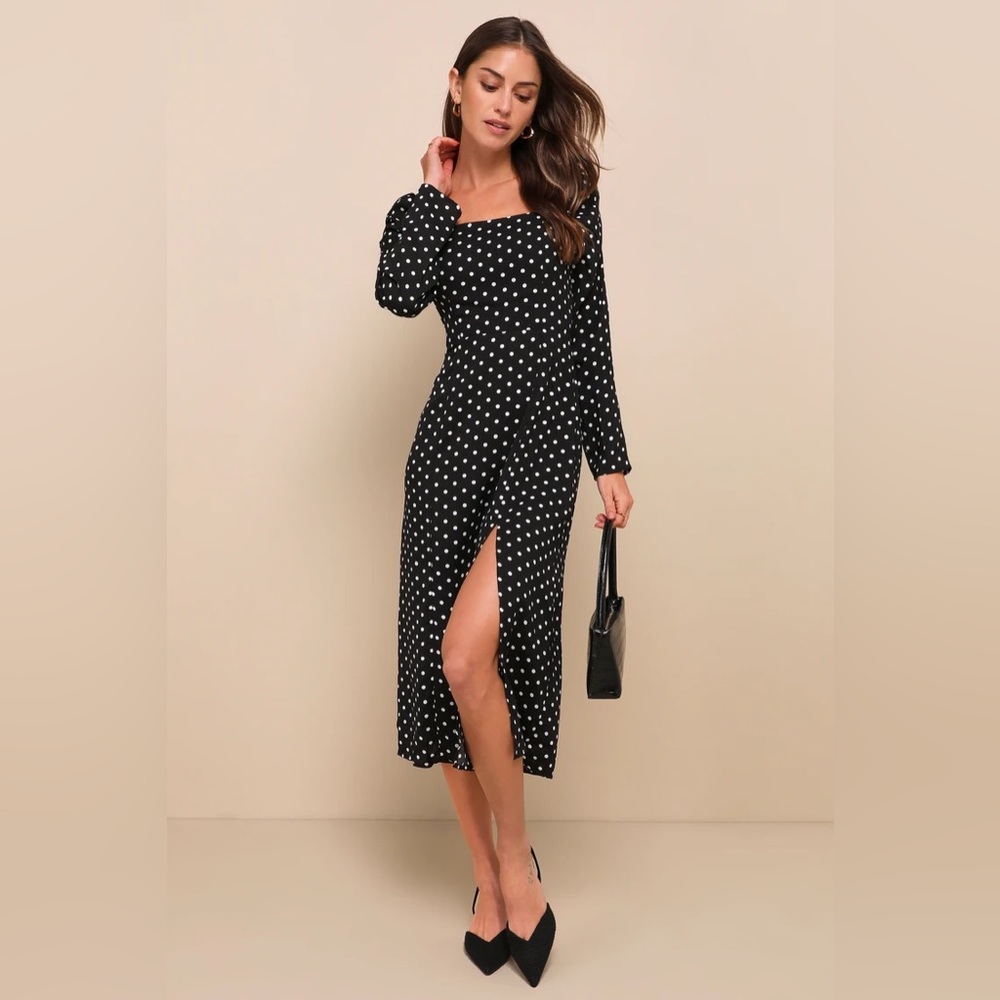 Lulus NWT Charmed and Classy Black Polka Dot Long Sleeve Midi Dress - Size Large
